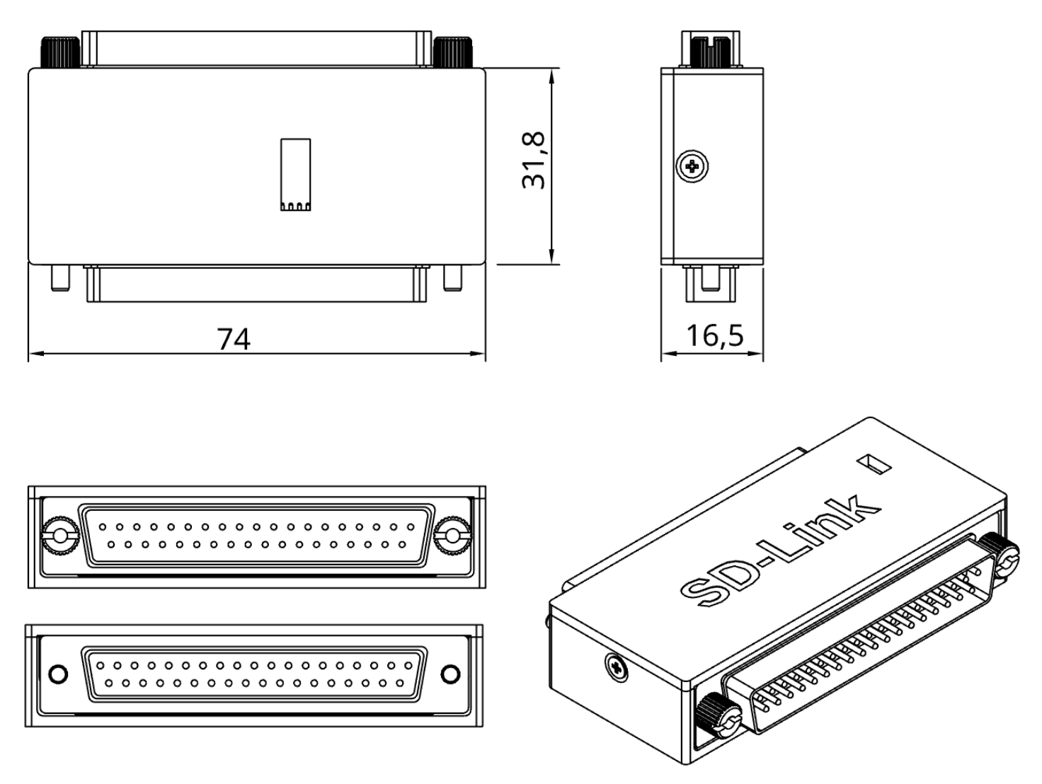 Maßzeichnung SD-ProPilot-E — 3-Seiten-Ansicht: 74 × 31,8 × 16,5 mm, DB37-Steckverbinder beidseitig
