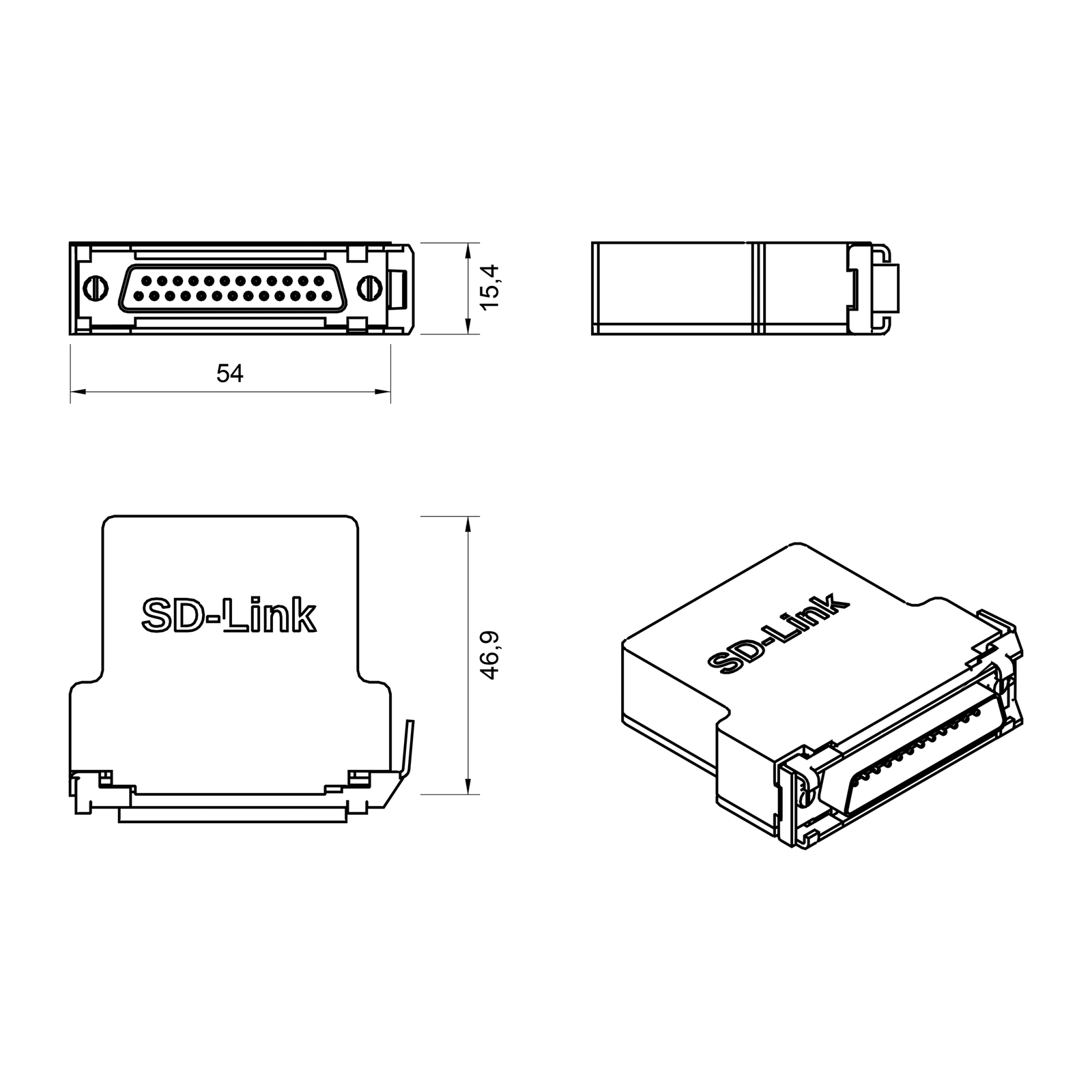 Technische Zeichnung des SD-Link AR620X / AR6211 Adapters mit den Abmessungen 54 x 46,9 x 15,4 mm