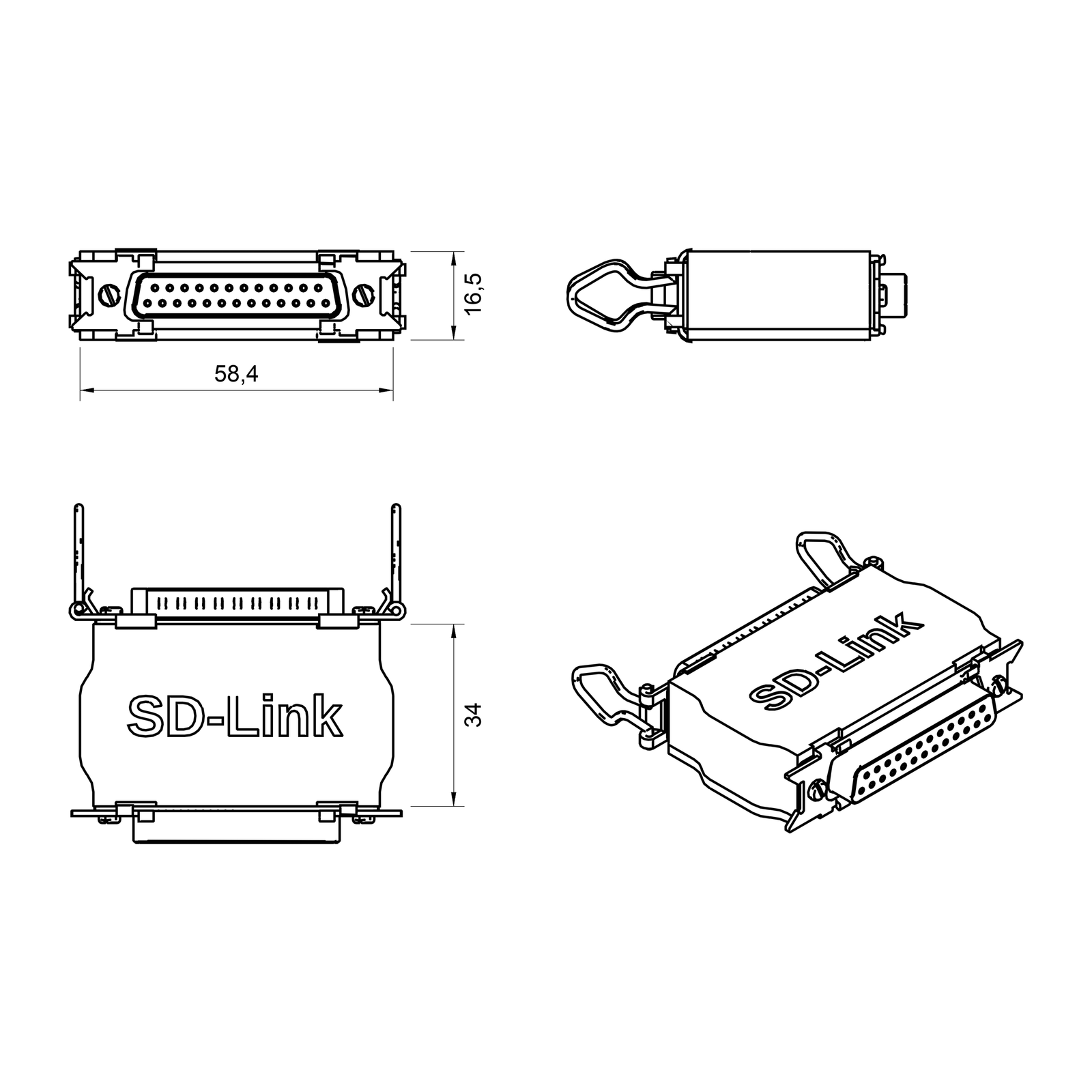 Technische Zeichnung des SD-Link ATR833-DS Adapters mit den Abmessungen 58,4 x 34 x 16,5 mm