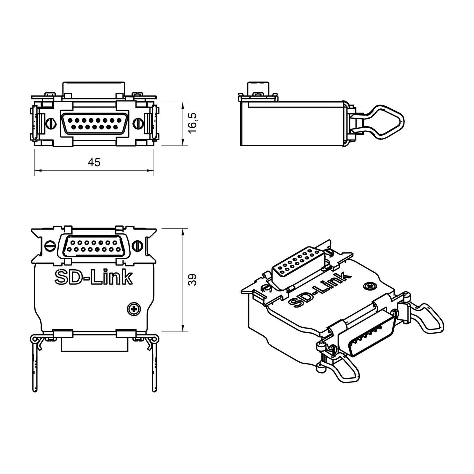 Technische Zeichnung des SD-Link KRT2-A Adapters mit den Abmessungen 45 x 39 x 16,5 mm