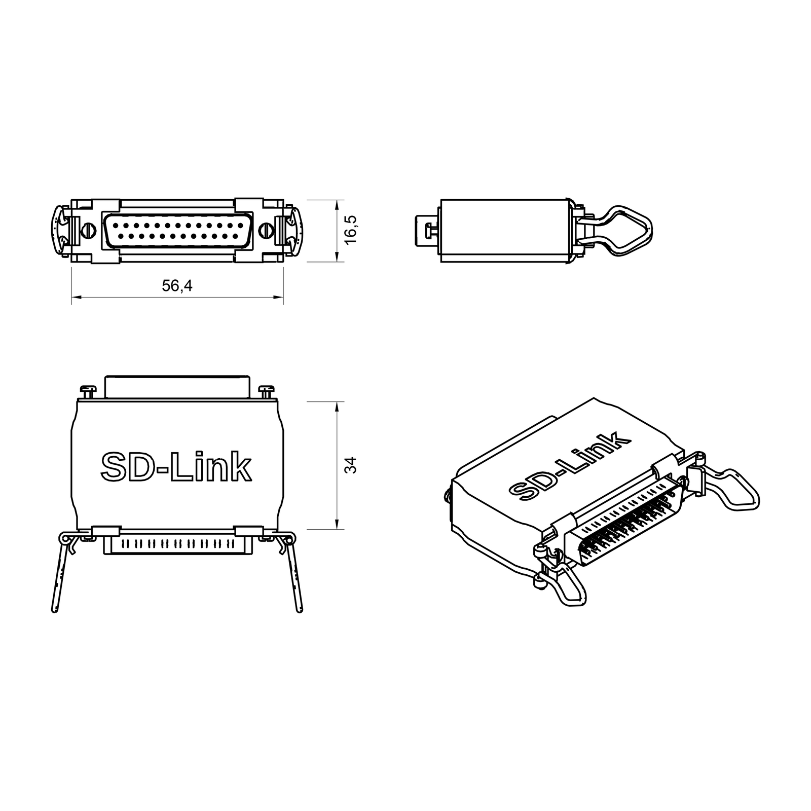 Technische Zeichnung des SD-Link TY96/97-DS Adapters mit den Abmessungen 56,4 x 34 x 16,5 mm