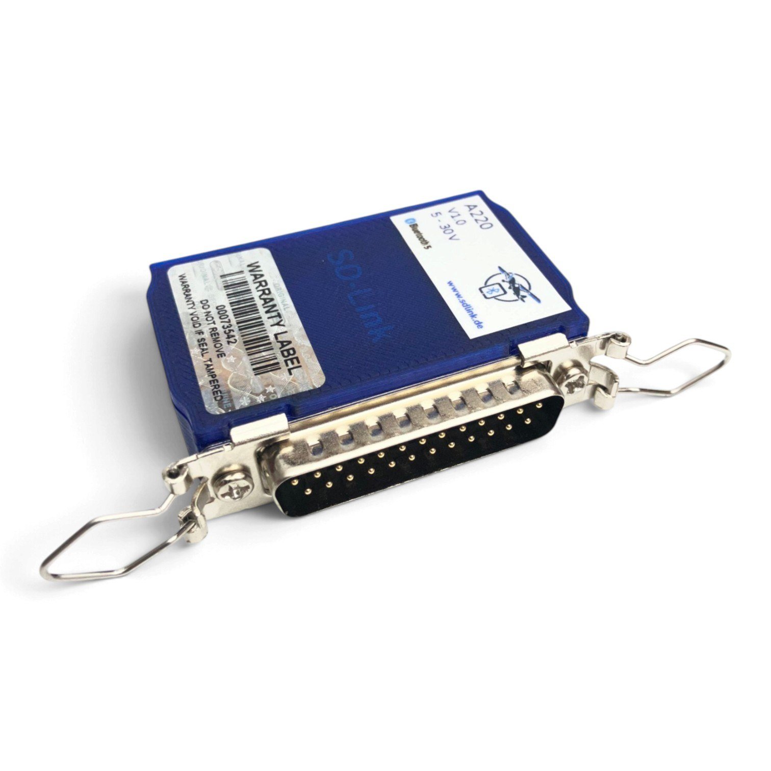 SD-Link A220-DS: Steckerseite mit 25-poliger Sub-D-Buchse und Halteklammern
