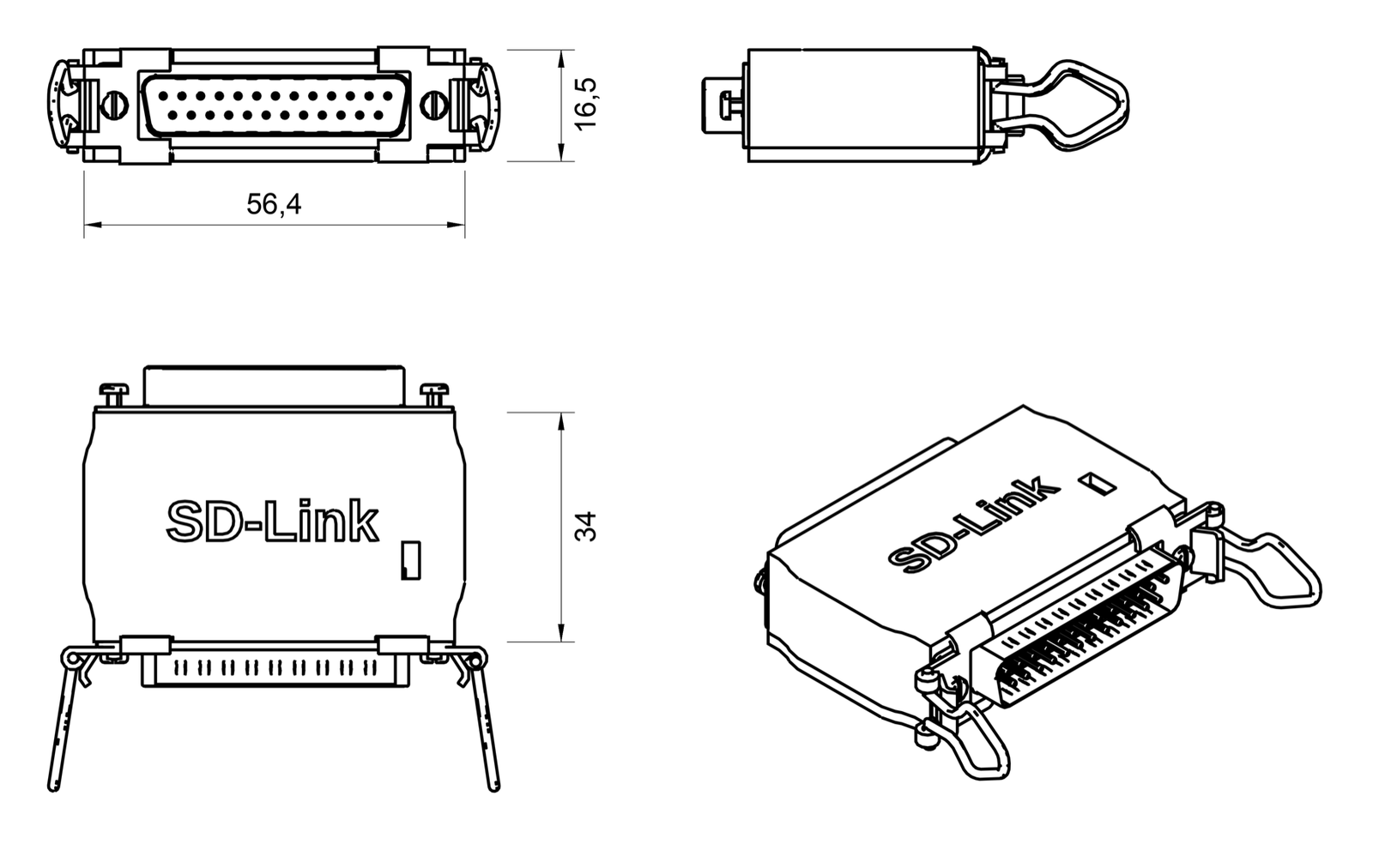 Technische Zeichnung des SD-Link A220-DS Adapters mit den Abmessungen 56,4 x 34 x 16,5 mm